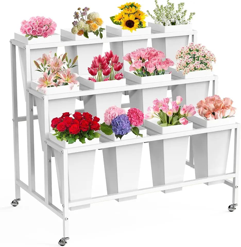 VGMiu Flower Display Stand with 12 Buckets, Flower Cart with Wheels White