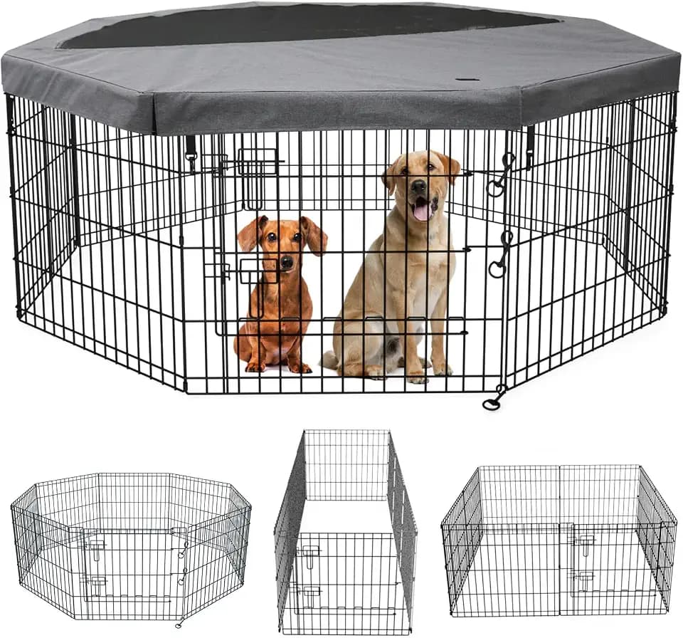 PETIME Foldable Metal Dog Exercise Pen/Pet Puppy Playpen Kennels Yard Fence Indoor/Outdoor 8 Panel 24" W x 30" H with Top Cover (with top Cover, 8 Panels 30" H)