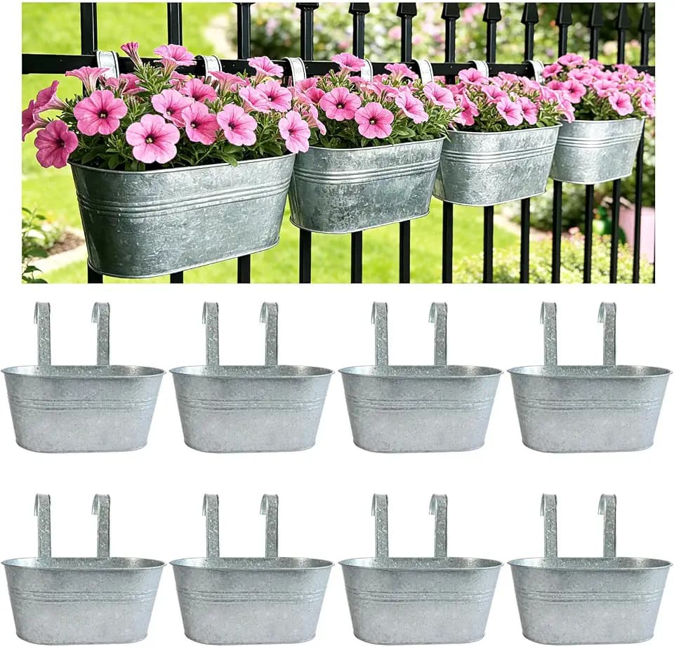 8 Pack 12" Galvanized Hanging Railing Planters with Hooks and Drainage