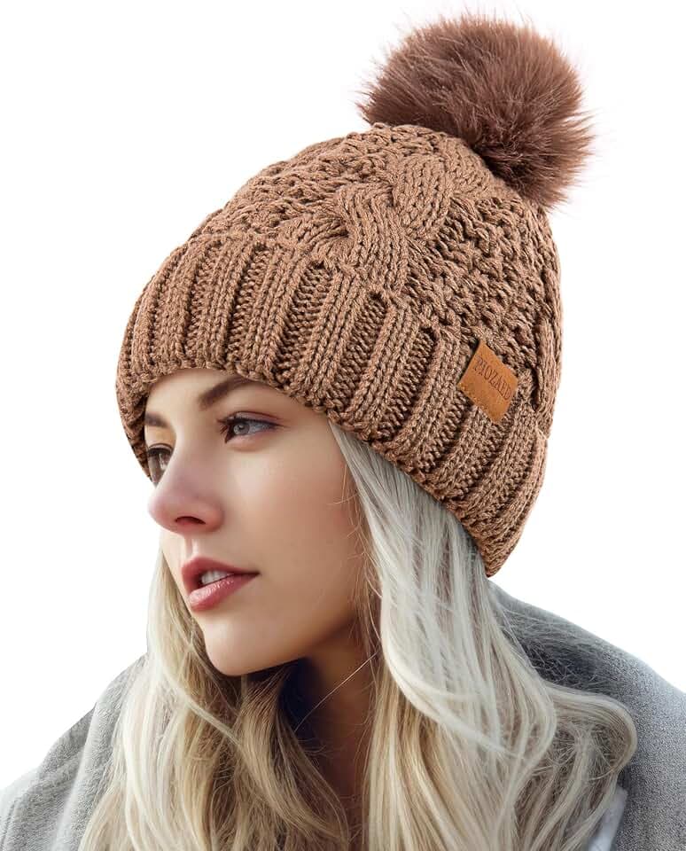 Women's Winter Pompom Beanie Warm and Cozy Knit Hat Fleece Lining Skull Cap for Women