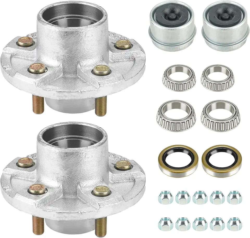Youxmoto Galvanized Trailer Idler Hub kit, 5 on 4.5 for 3500 lbs Trailer Axle, 5x4.5 Trailer Hub Assembly, Set of 2, with Bearing, Grease Seal Grease Cap, (Fits 1-1/16'' and 1-3/8'' Tapered Axle)