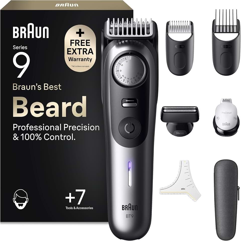 Braun Barttrimmer Series 9, Kabelloser Bartschneider Herren, BT9520, Chrom