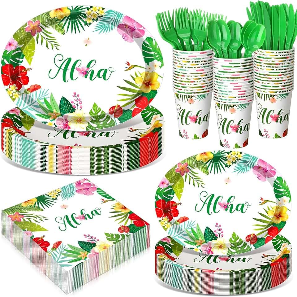 Pajean 350 Pcs Summer Hawaiian Luau Oval Plates Napkins Set Party Supplies