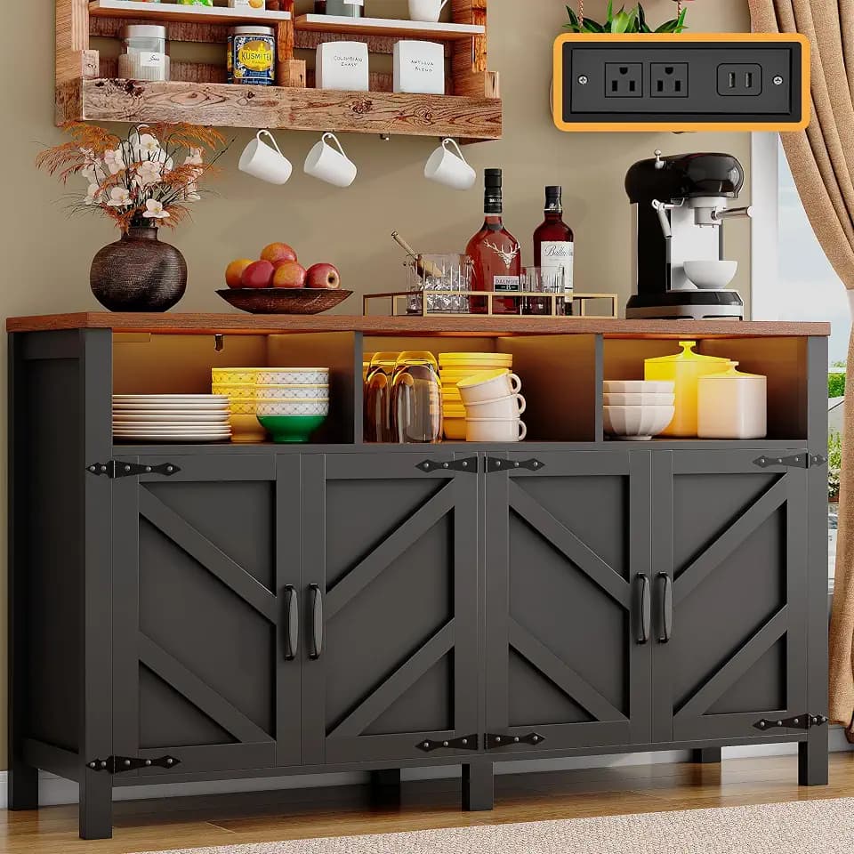 knoworld Buffet Sideboard with Storage with Power Outlets & LED Light, Large Farmhouse Kitchen Storage Cabinet Wood 4 Doors Coffee Bar Cabinet for Kitchen, Living Room, Black 55in