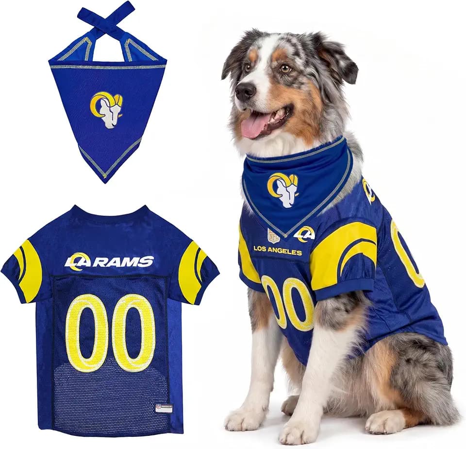 Pets First NFL Los Angeles Rams Dog Jersey with Coordinated Tie Bandana Included, Size X-Large Official NFL Pet Apparel, Breathable Mesh, Durable, Team Logo Design, Dog Sports T-Shirt
