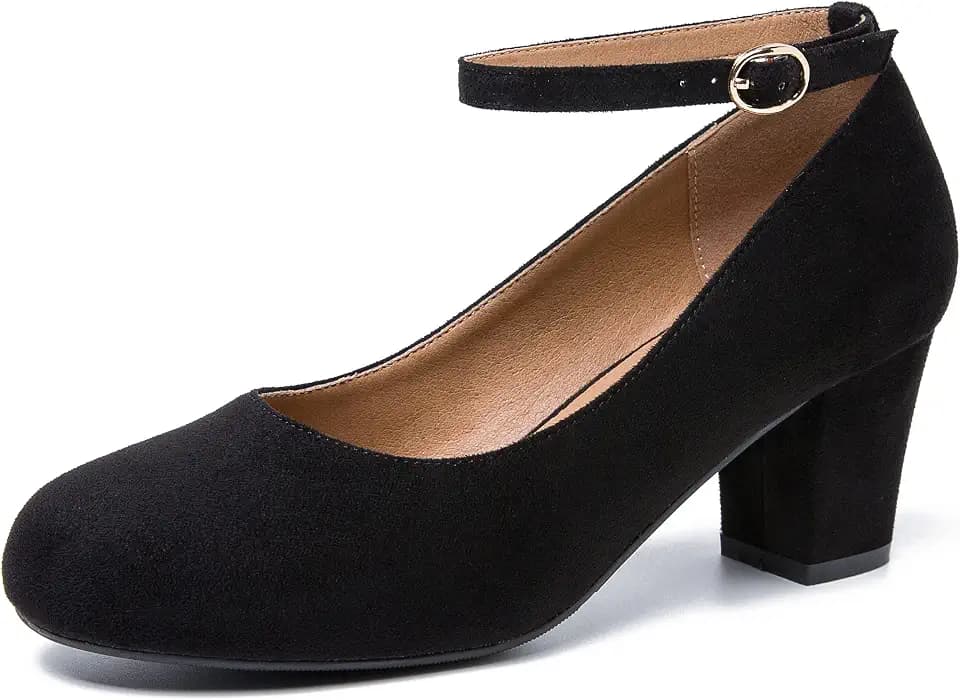 Women's Ankle Strap Pumps, Block Heel, Removable Bow, Closed Round Toe