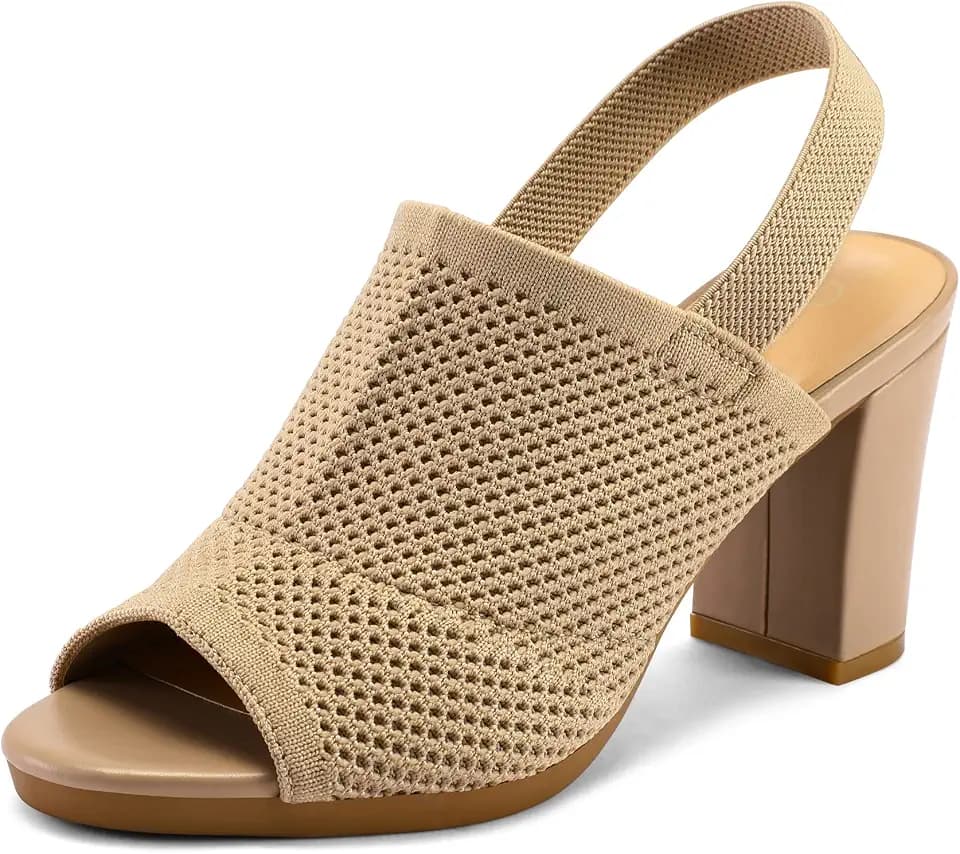 mysoft Women's Knit Peep Toe Sandals Elastic Slingback Chunky Block Heels