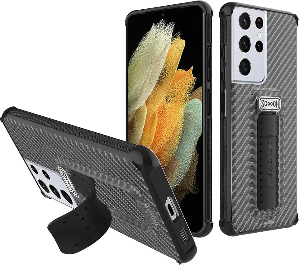 Scooch Wingman Kickstand Case Compatible with Samsung Galaxy S21 Ultra Case [10 ft Drop Protection] [Two-Way Stand] Shockproof Protective Cover with Metal Badge for Magnetic Car Mount (Carbon Fiber)