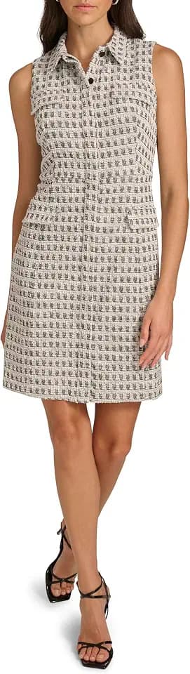 Calvin Klein Women's Sleeveless Collared Mini Tweed Shirtdress