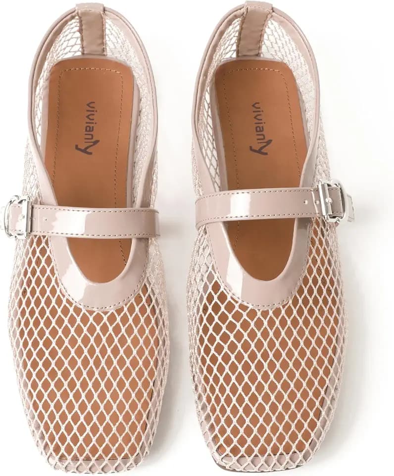 vivianly Mesh Ballet Flats for Women Mary Jane Flats Comfy Fishnet Shoes