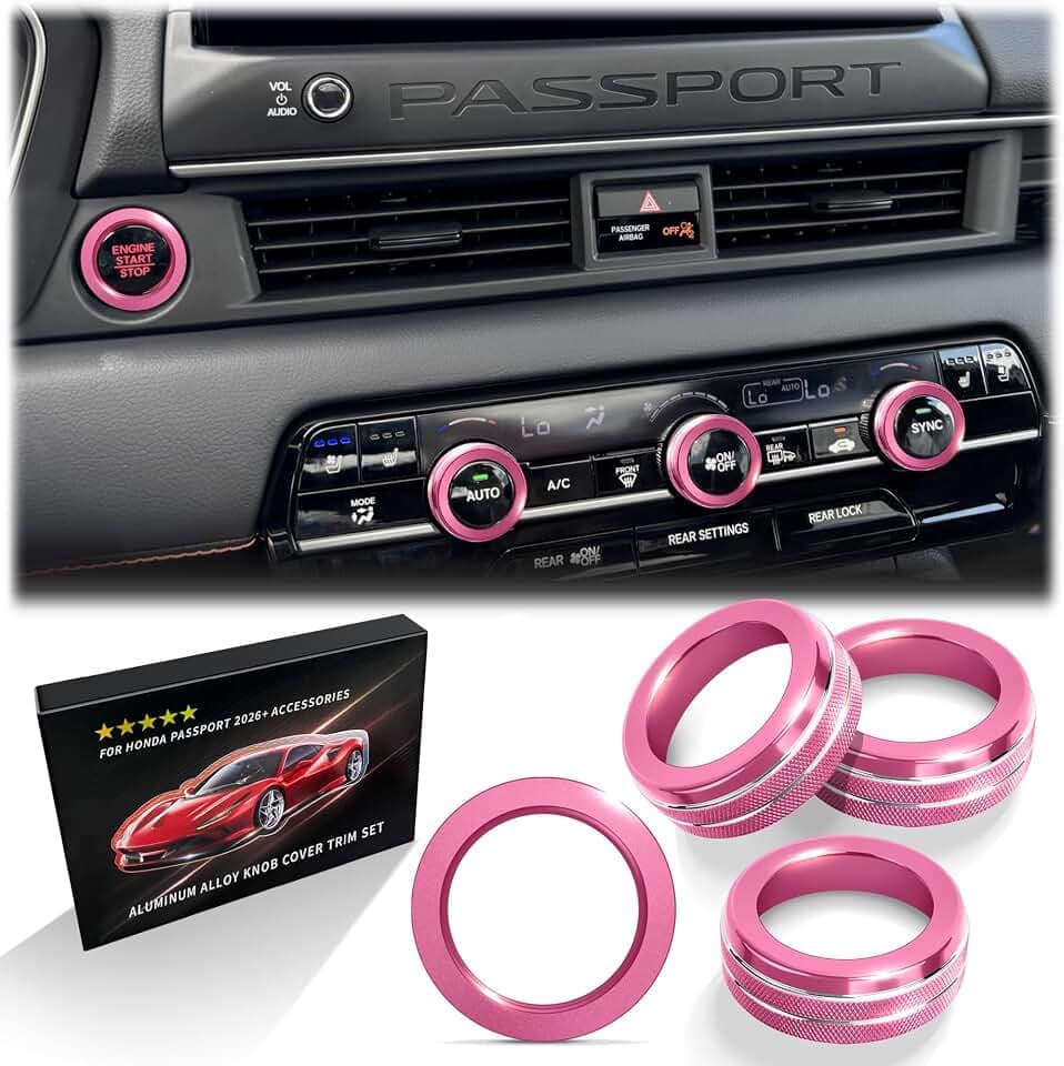 Polodunn for 2026 Honda Passport Accessories, 4pcs Aluminum Alloy Knob Covers Trim Kit (Pink) - Push Start Button & Air Conditioning. No-Tool Install, Interior Upgrade & Knob Protection
