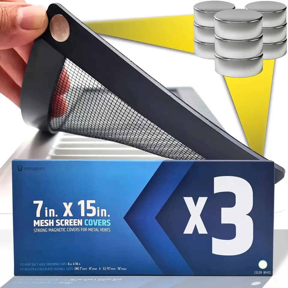 Powerful Magnetic Vent Screen Mesh Covers (3-Pack - New & Improved) - Will Never Move/Fall - for Floor, Wall & Ceiling Registers of Width 7" to 8", Length 15" to 16" - Strong Neodymium Magnets | White