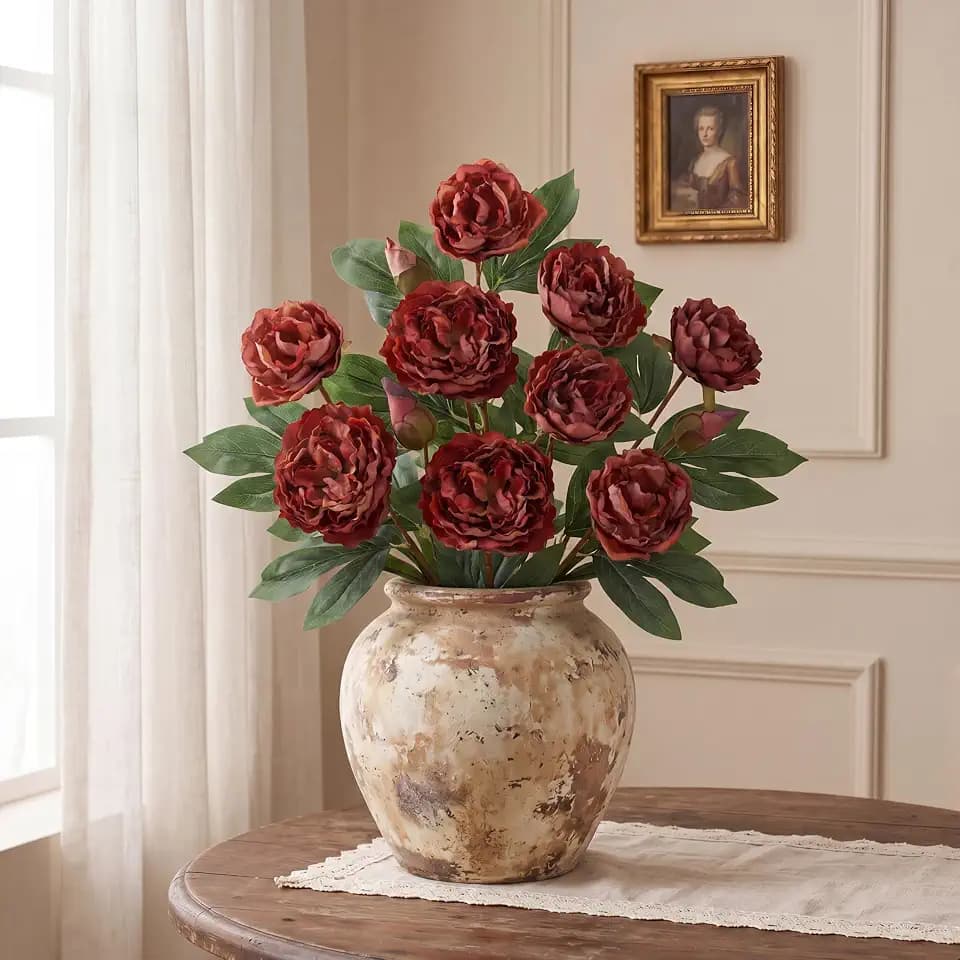 Briful 3PCS Artificial Peonies Stems, 27.5in Terracotta Red Fake Peony Flowers Bouquet Lifelike Silk Floral Stems for Home Office Table Centerpieces Wedding Decor