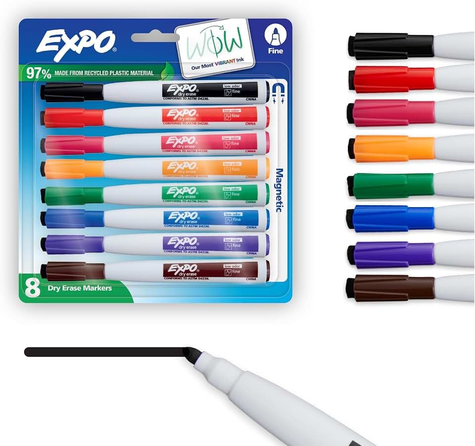 EXPO Magnetic Dry Erase Markers with Built-In Eraser, Fine Tip, Assorted Colors, 8 Count - Classroom White Board, Teacher Supplies, School Locker