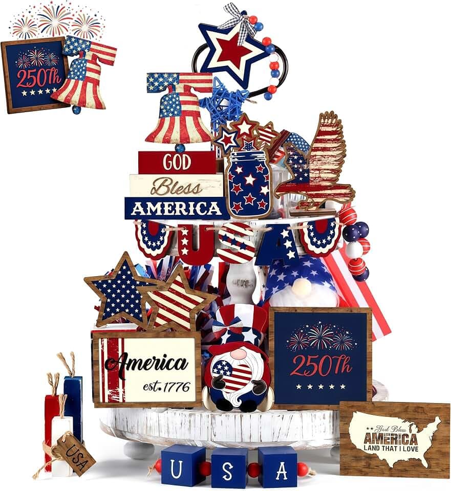 24 Pcs 4th of July Patriotic Tiered Tray Decorations Memorial Day Independence Day Table Decor Set with Liberty Bell Design, 250th Anniversary Celebration Sign for Kitchen Home