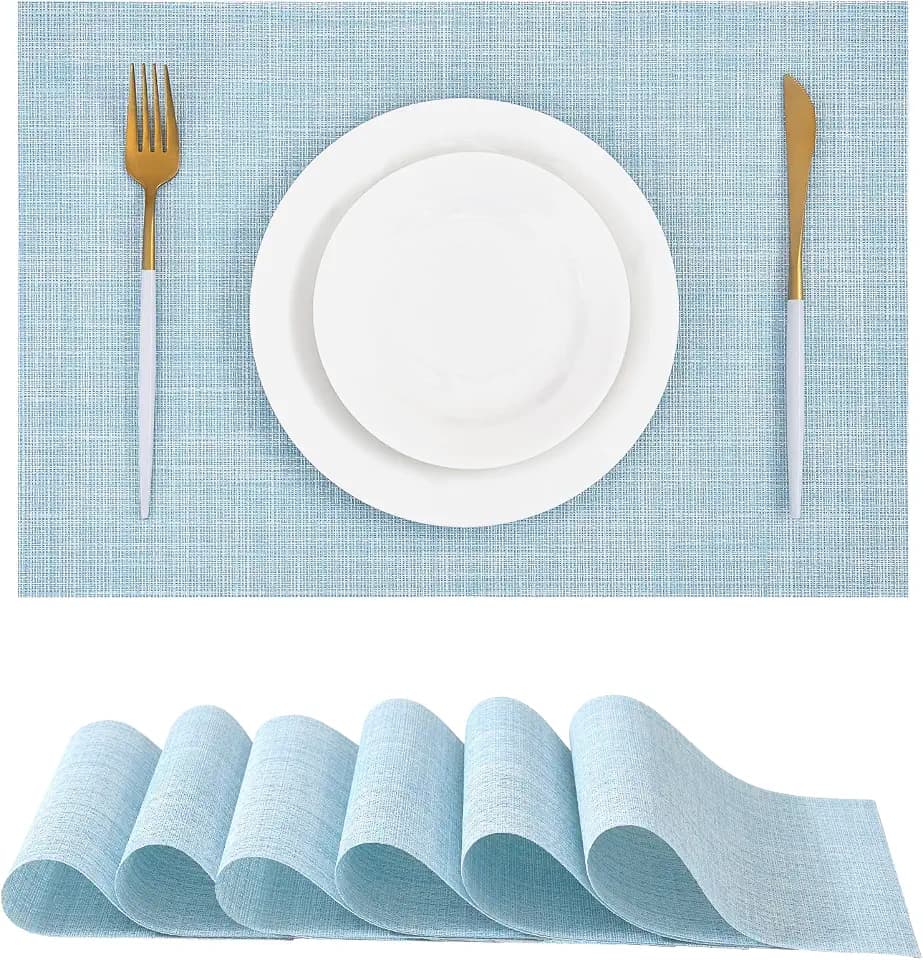 Soft Sky Blue Woven Placemats Set of 6 - Heat Resistant Non-Slip Place mats for Dining Table, Washable Durable PVC Vinyl Woven Table Mats(Sky Blue, 6)