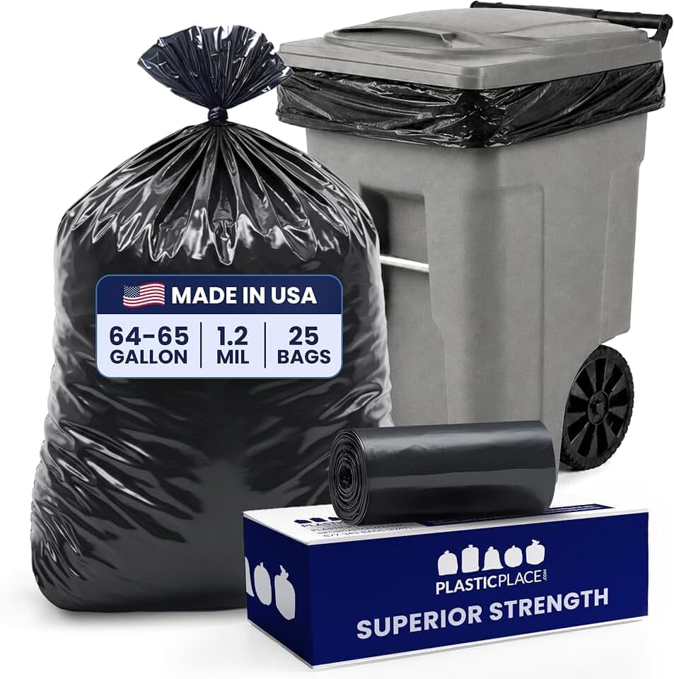 Plasticplace 64-65 Gallon Black Trash Bags, Heavy Duty Toter Can Liners, Tear & Leak-Proof, Industrial Strength, 25 Count, Large Garbage Bags for Kitchen & Commercial Use 1.2 Mil, 50" x 60"