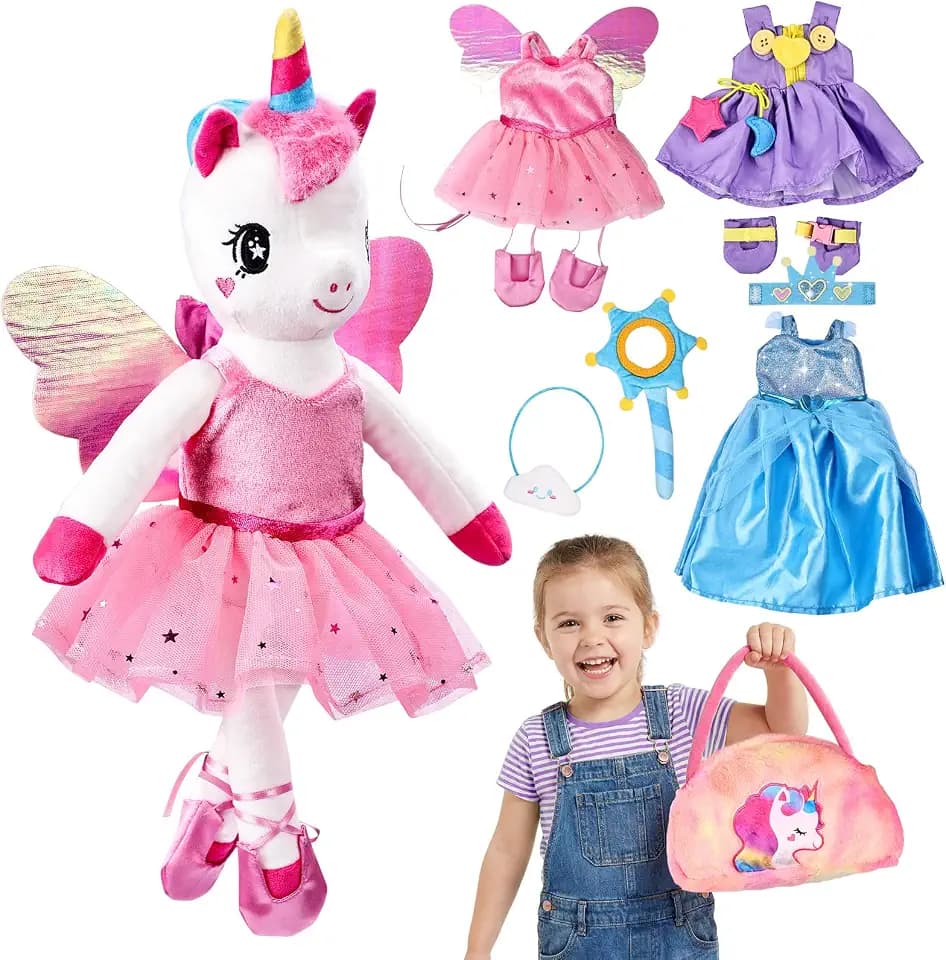 Esjay Unicorn Toys for Girls Age 4-6, Ballerina Doll Dance Recital Gifts, Unicorn Stuffed Animal Ballet Dress up Doll Plush Bag 3 Outfits Pretend Play, Birthday 3 4 5 6 Year Old Little Girl
