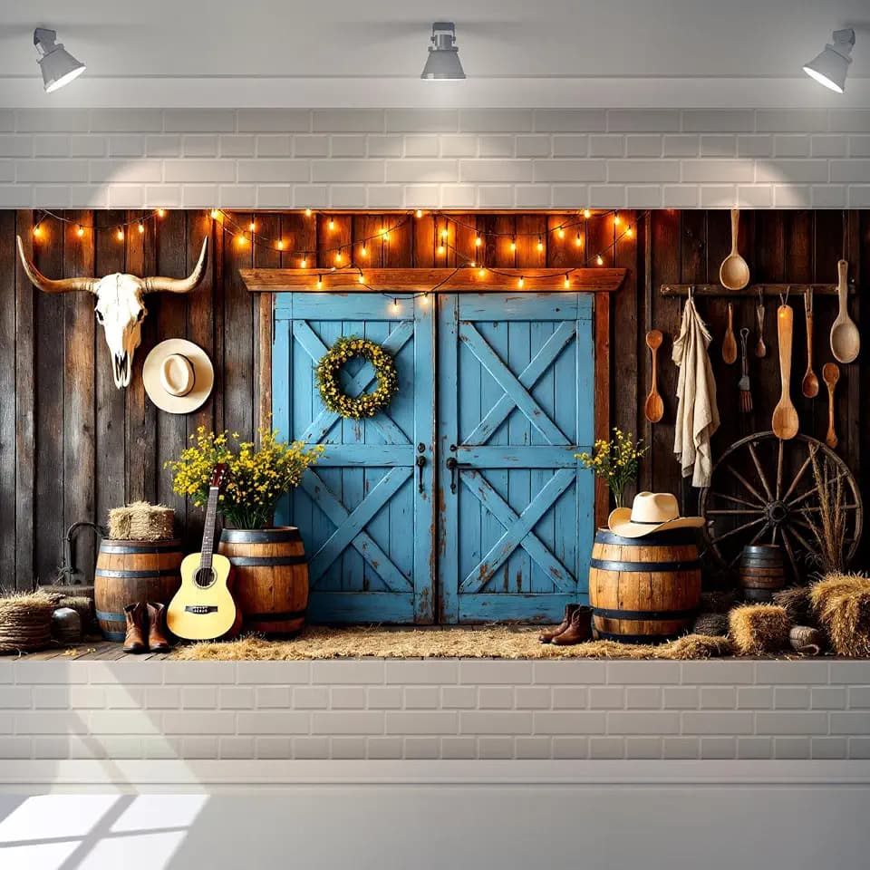 Western Backdrop Cowboy Party Decorations Wild West Rodeo Banner Photoshoot Country Farm Rustic Blue Barn Door Saloon Photo Background for Kids Birthday Supplies Polyester Fabric 13x6ft