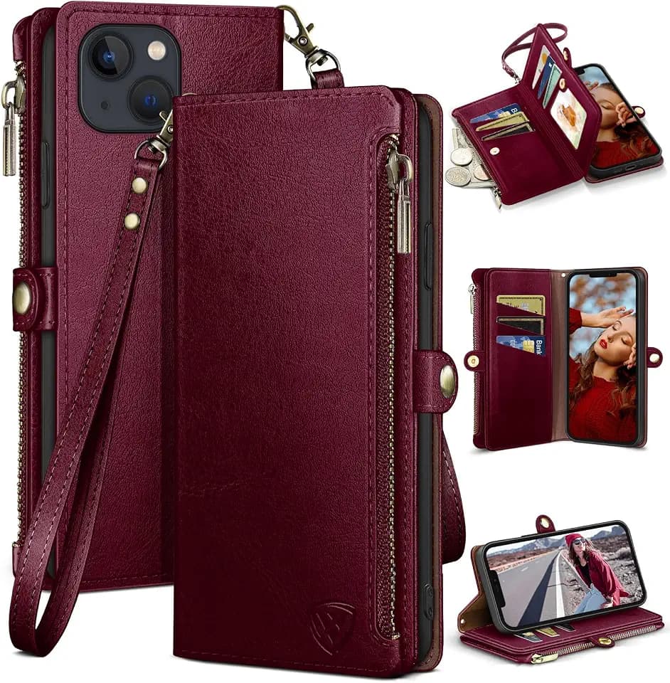 XcaseBar compatible with iPhone 13 6.1" Wallet case with Zipper Credit Card Holder【RFID Blocking】,Flip Folio Book PU Leather Phone case Shockproof Cover Men Women for Apple 13 case Wine Red