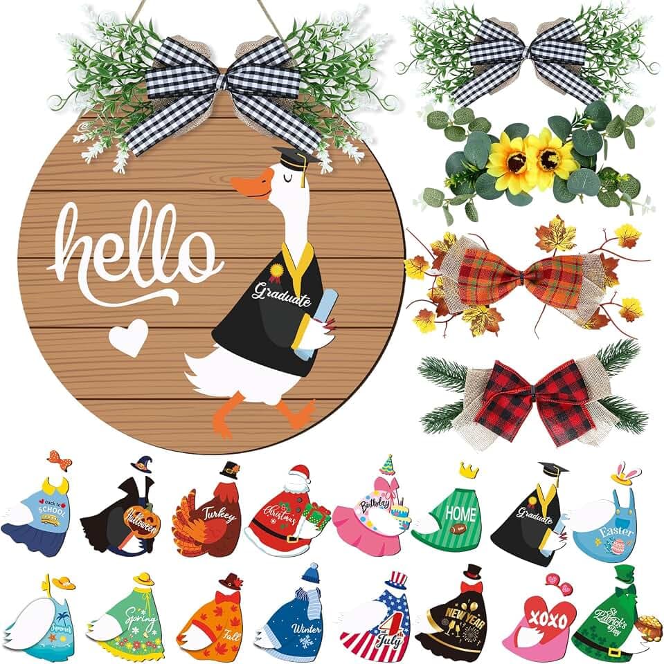 Seasonal Interchangeable Welcome Home Sign,Graduation Porch Goose Welcome Sign Front Door Decor With 4 Seasonal Wreaths and 32 Changeable Icons, Rustic Wood Wall Porch Hanger for Holiday Halloween Christmas Housewarming Gift