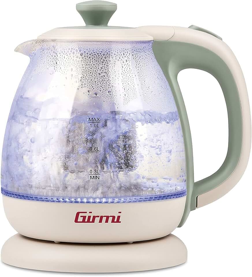 Girmi BL41 Wasserkocher + Teebereiter aus Glas, 1100 W, Abnehmbarer Edelstahlfilter, Sicherheitsheizelement, 360° drehbare Basis, Kabellos, 1 Liter, Aquagrün.