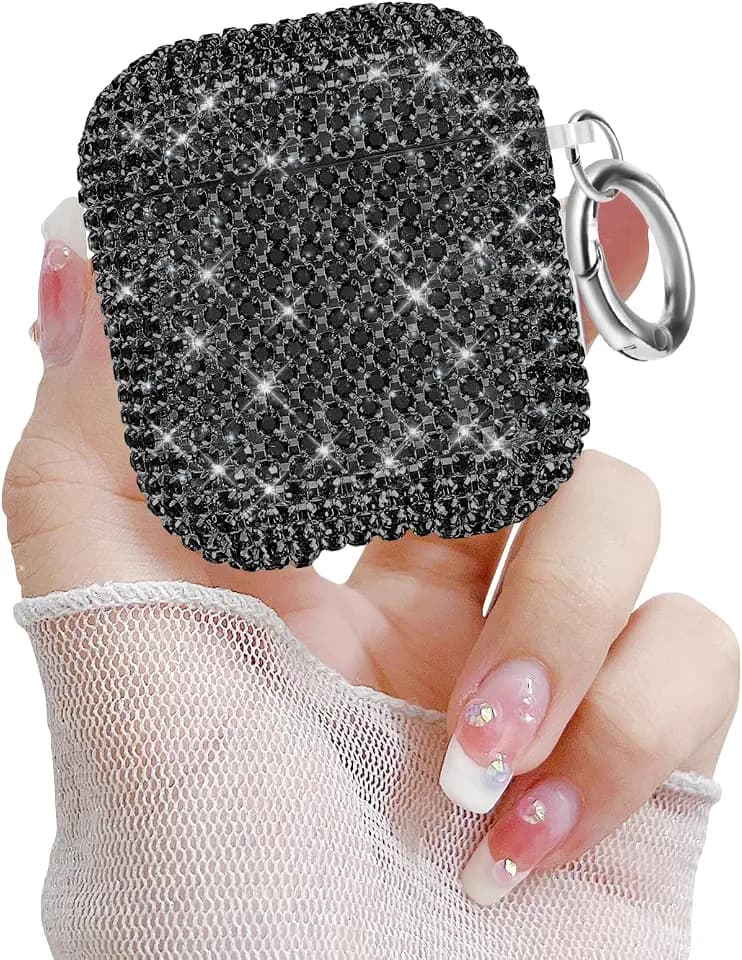 Newseego for AirPods 1 & 2 Generation Case, Luxury Sparkly Bling Rhinestone Case with Keychain for Women Girls Anti-Lost Glitter Crystal Hard PC Shockproof Protective Cover for AirPods 1 & 2-Black