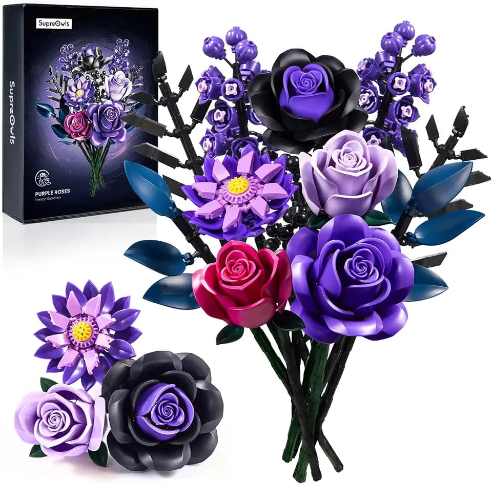 iATOM Flower Bouquet Building Set, Purple Roses Botanical Collection Kits for Adults Women, Gift for Mothers Day for Her/Mom/Girlfriend/Wife/Couple, Gothic Modern Home Room Office Table Decor