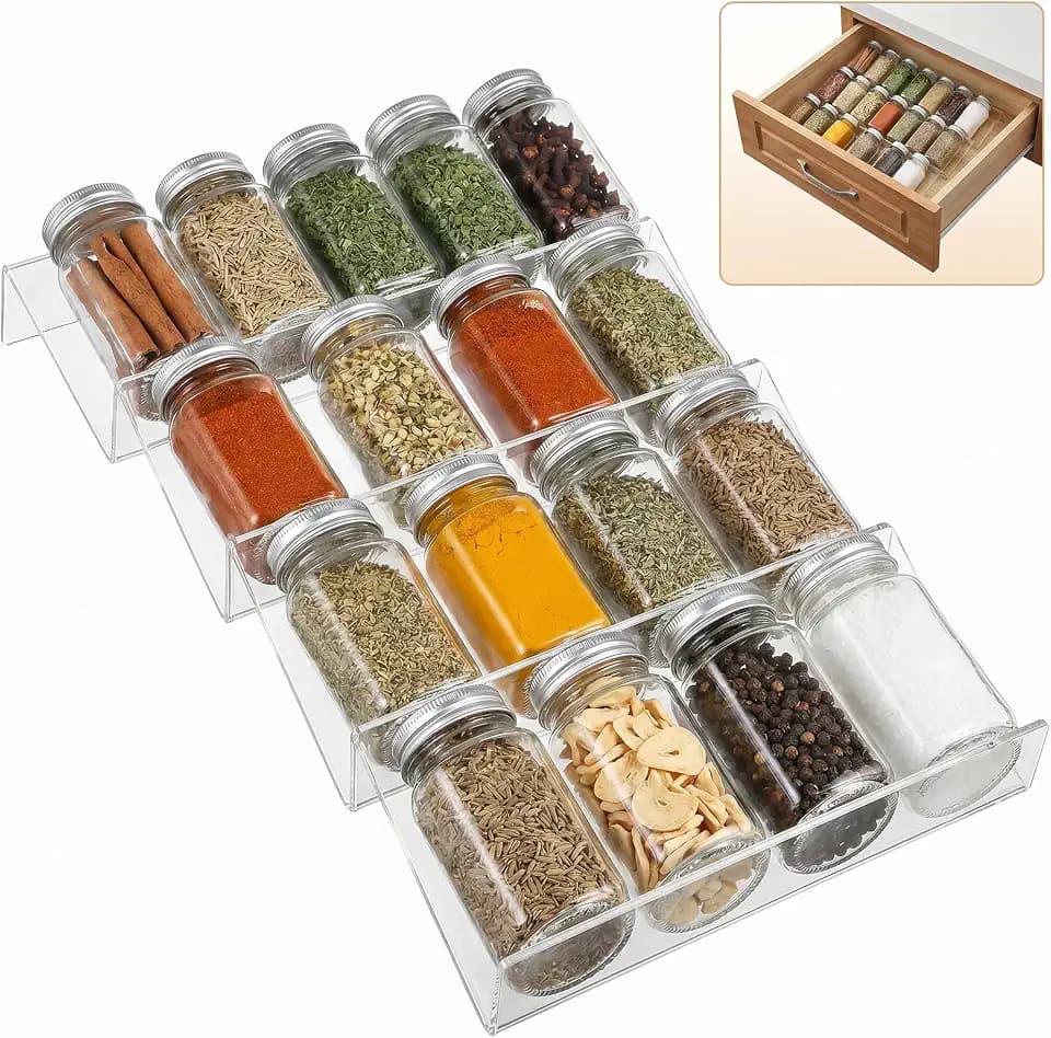 ABOOFAN Gewürzregal Schublade 4er-Set, erweiterbarer Gewürz-Organizer 23-46 cm, 4-Ebenen-Schubladeneinsatz aus Acryl, transparent & rutschfest, für Küchenschubladen, Schrank & Arbeitsplatte