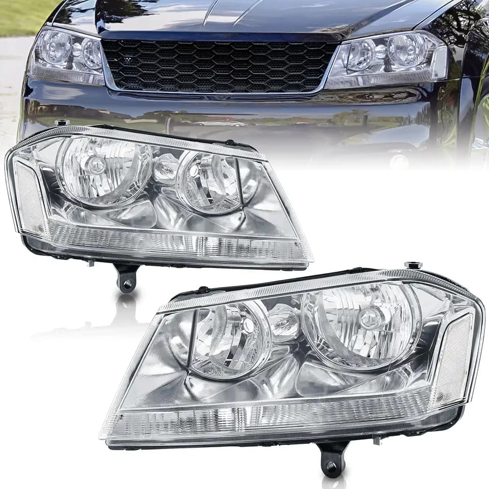KUIPERAUTO Headlights Assembly Compatible for 2008-2014 Dodge Avenger Chrome Housing Clear Reflector Front Headlamp Driver and Passenger Side
