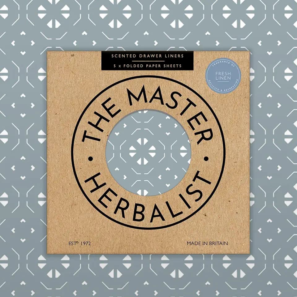 The Master Herbalist Fresh Linen Scented Drawer Liners in a Geometric Print in Dusk Blue (Folded) | Pack of 5 Sheets | Contains Essential Oils | Made in THE UK.