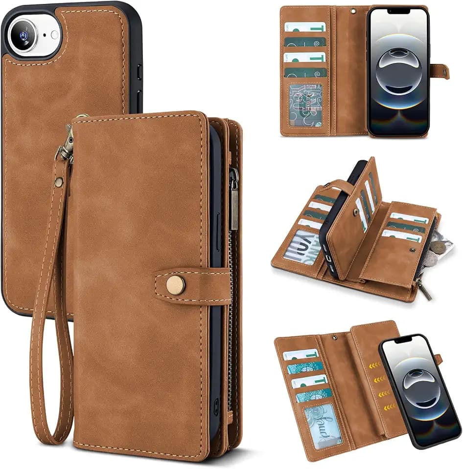 TwoHead Wallet Case for iPhone 16e / 17e,with 11 Card Holders,Brown