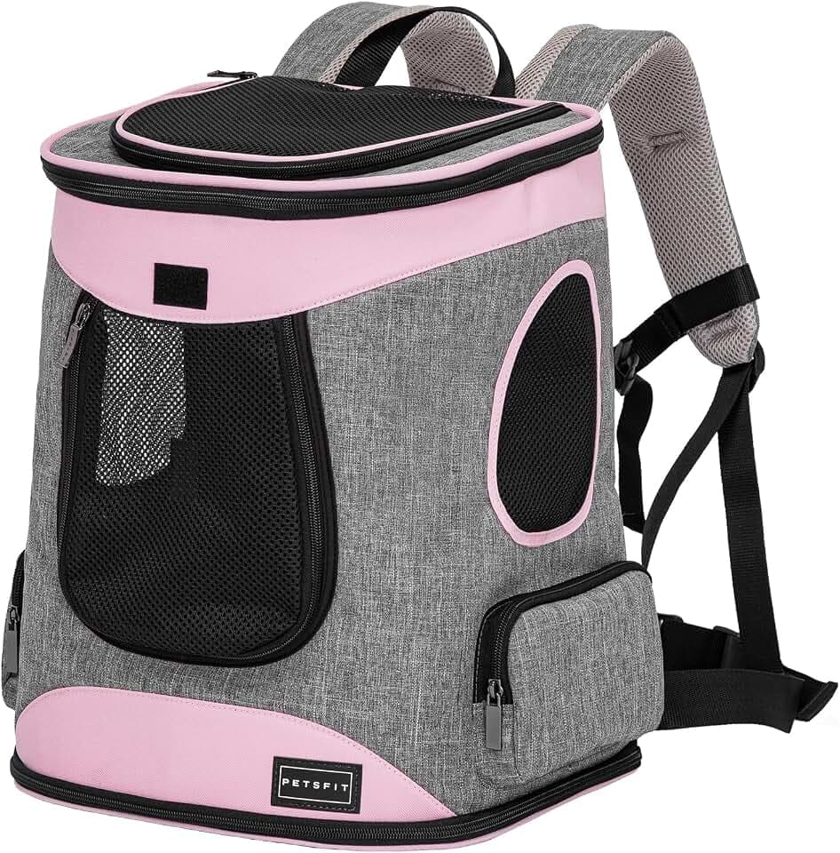 Petsfit Hunderucksack & Katzenrucksack für große Katzen bis 5kg - Leichter Katzen Rucksack mit Netzfenster, Brustgurt & Polster - Atmungsaktiver Rucksack für kleine Hunde und Katzen, Rosa+Grau