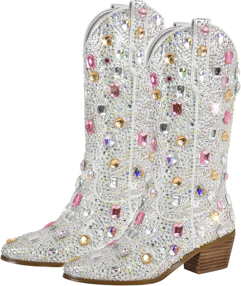 Richealnana Sparkly Rhinestones Cowboy Cowgirl Boots Calf High Pull On