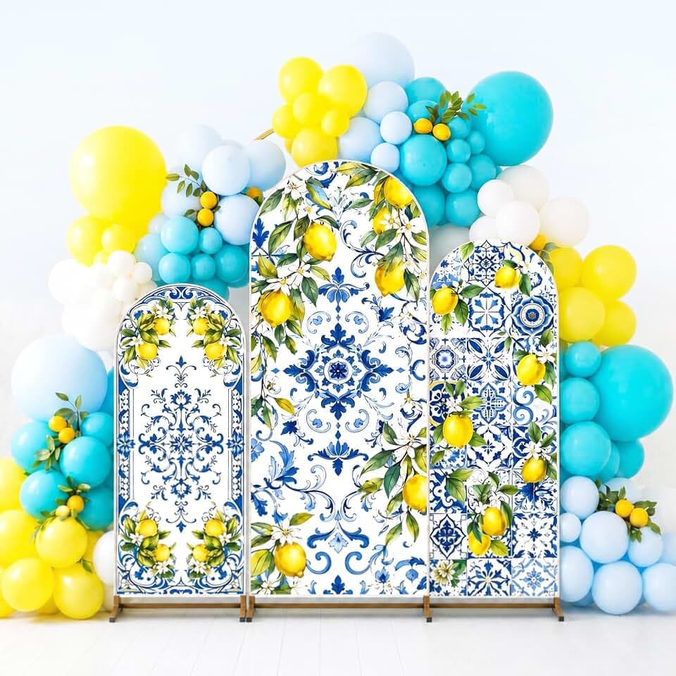 Frienda 3 Pcs Blue Tiles Lemon Arch Backdrop for Amalfi Coast