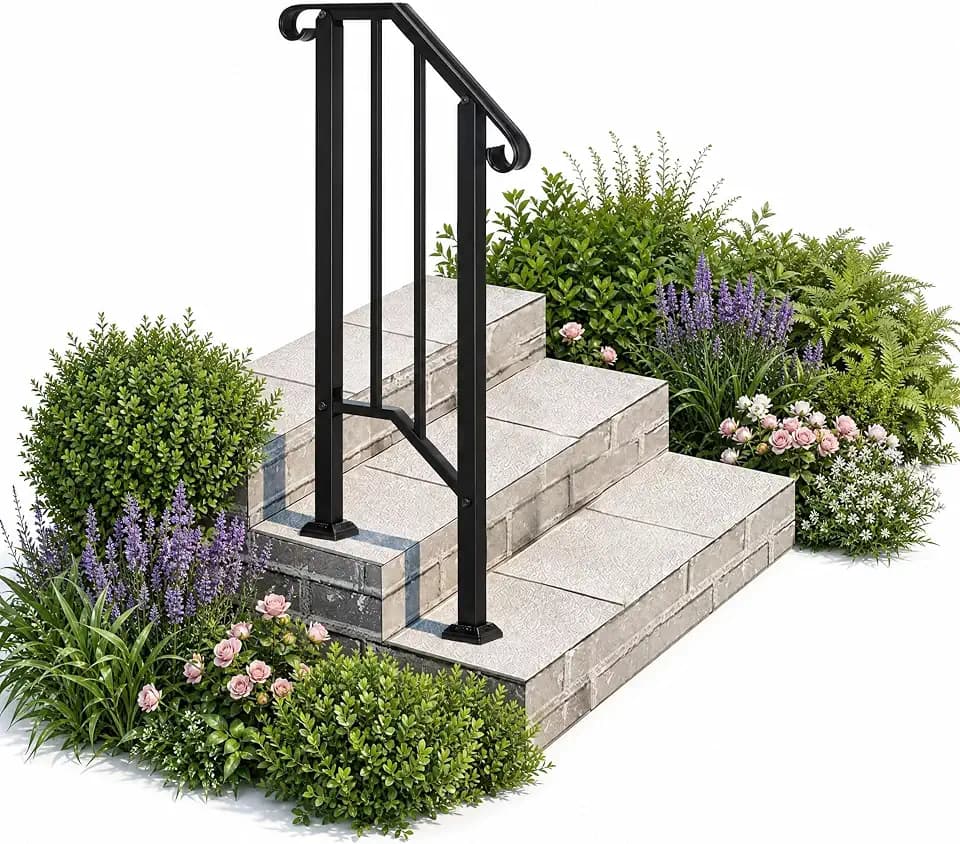 Hand Rails for Outdoor Steps, 1 Step Black Iron Stair Handrail with Installation Kit, Weatherproof Safety Railing for Porch, Garden & Entry