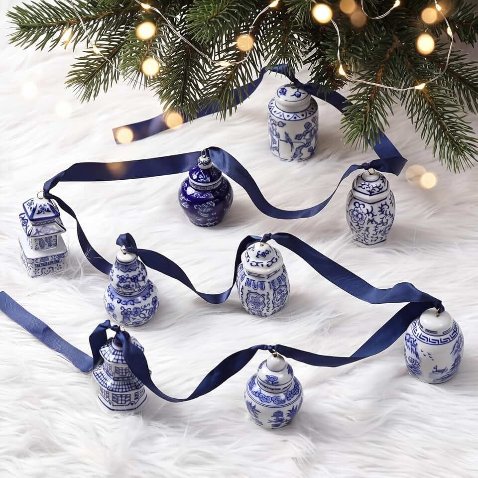 FoldTier 9 Pcs Blue White Ginger Jar Ornaments Christmas Tree Garland