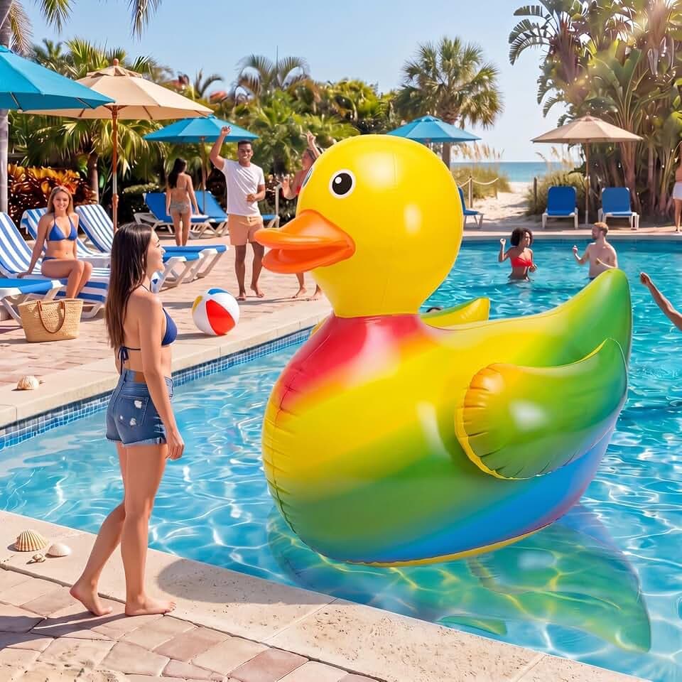 Hungdao 4 ft Rainbow Inflatable Duck Pool Float for Beach and Pool Party