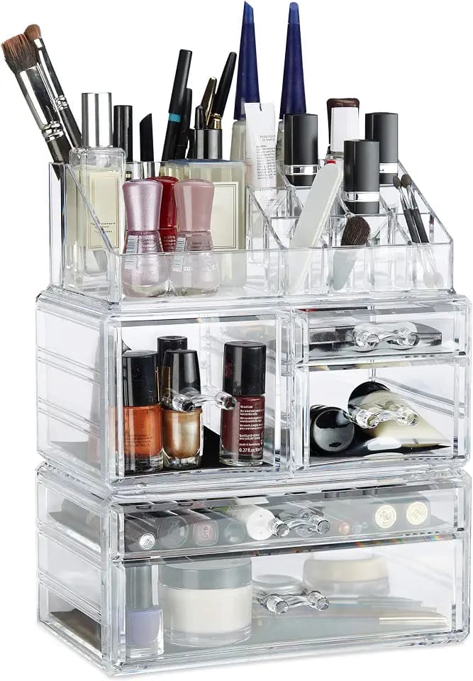 Relaxdays Make Up Organizer mit 21 Fächern, Kosmetik Tower f. Lippenstift, Nagellack, Make Up Box aus Acryl, mehrfarbig