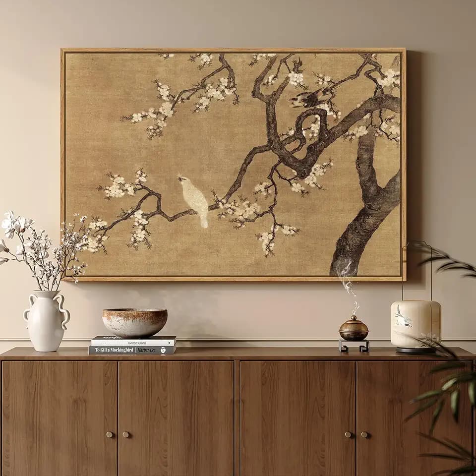Framed Vintage Neutral Chinoiserie Asian Floral Bird Wall Art, 24x36 Inch