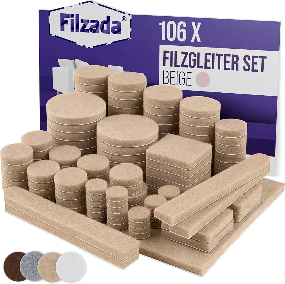 Filzada® Filzgleiter Selbstklebend Set 106 Stück Beige - Möbelgleiter Filz | Stuhlgleiter eckig & rund - Ideale Klebkraft - Bodenschutz Parkett, Laminat, Fliesen, Vinyl - geräuscharm