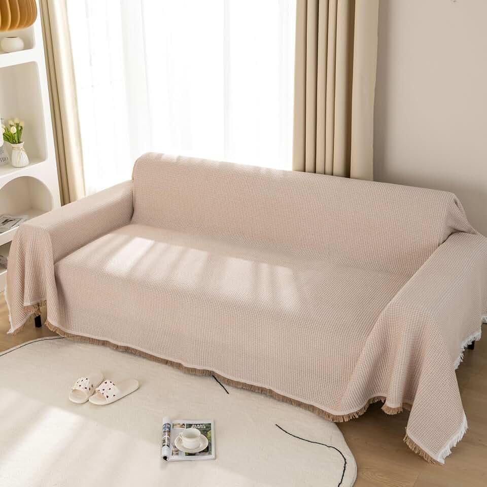Waffel Sofa Überwurfdecke 180x300cm Große 3 Sitzer Sofaüberwurf Vielseitige Wohndecke als Sofadecke, Couch Überwürf, Sofa Überzug und Tagesdecke mit Deko Quasten - Beige