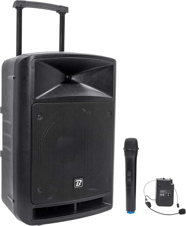 BoomTone DJ TRAVELSOUND12-VHF Tragbares Soundsystem, schwarz, 600 W, mit Bluetooth, USB-Player, SD und Mikrofon und VHF-Headset, ideal für DJ, Karaoke, Straßenaufführungen und Party