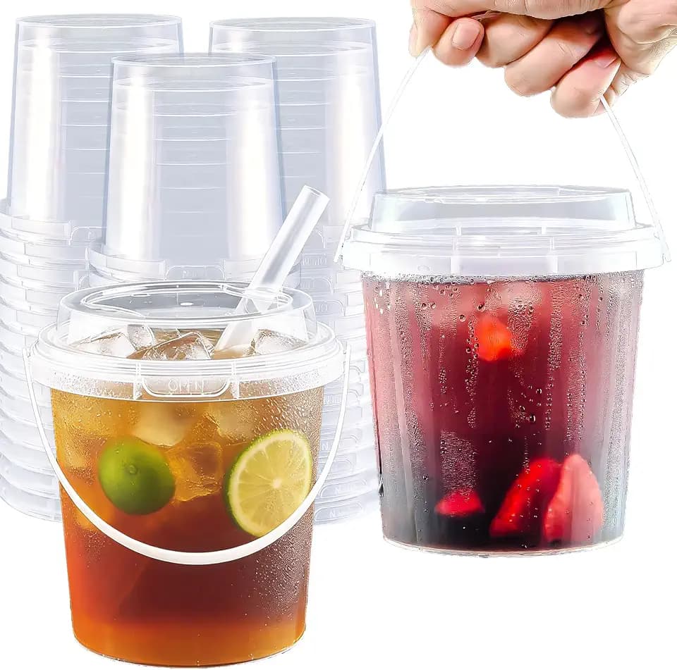 20 Set 25 oz Drink Bucket, Clear Plastic Cups with Lids and Straws