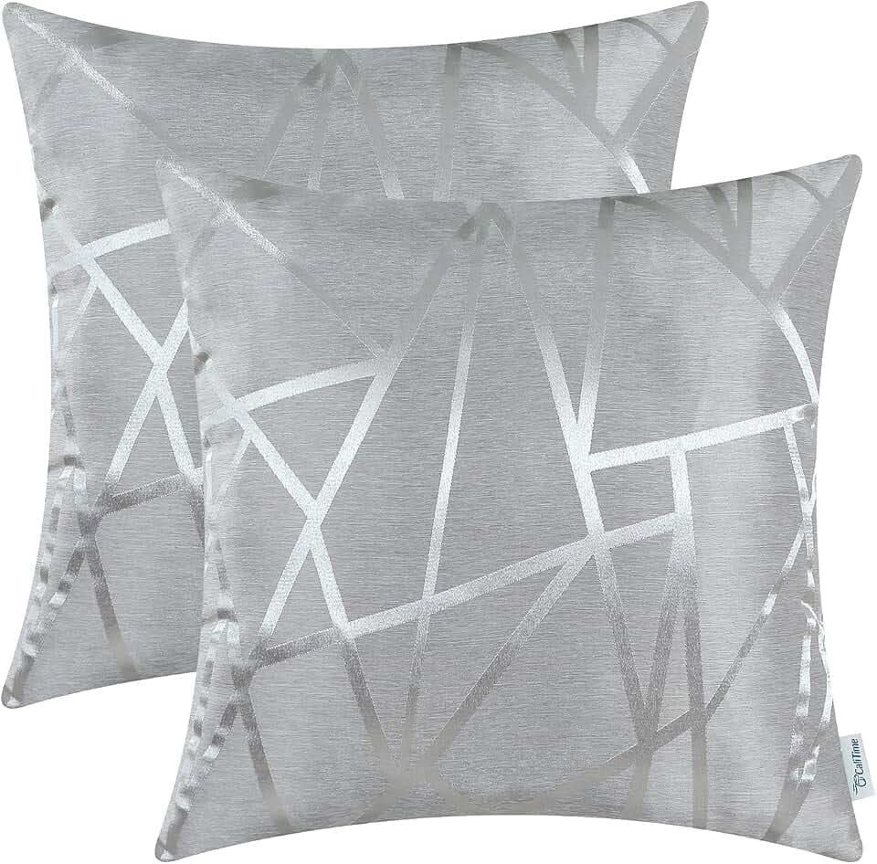CaliTime Kissenbezüge Kissenhülle Packung mit 2 Dekokissenbezüge Cases für Couch Sofa Home Decor Modern Shining & Dull Contrast Dreiecke Abstrakte Linien Geometrisch 40cm x 40cm Silbergrau