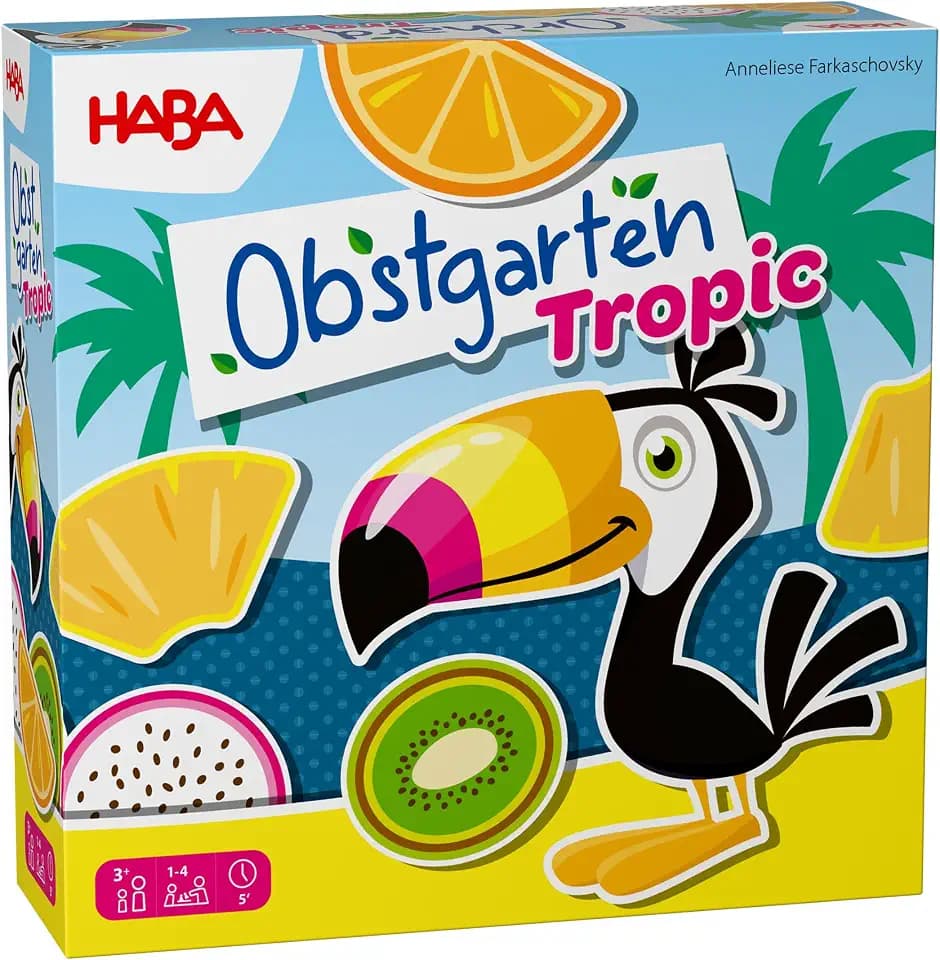 HABA Obstgarten Tropical – Tropisches Sammelspiel für Kinder ab 3 Jahren – Familienspiel rund um Früchte & Farben mit Tukan – Holzspielzeug-Klassiker Neuauflage – 2013575001