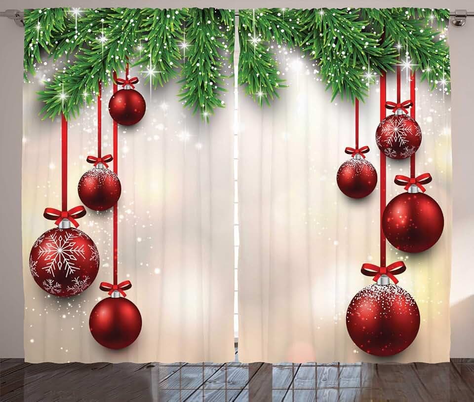 ABAKUHAUS Weihnachten Rustikaler Vorhang, Red Ball Ribbons, Wohnzimmer Universalband Gardinen mit Schlaufen und Haken, 280 x 260 cm, Rot Grün