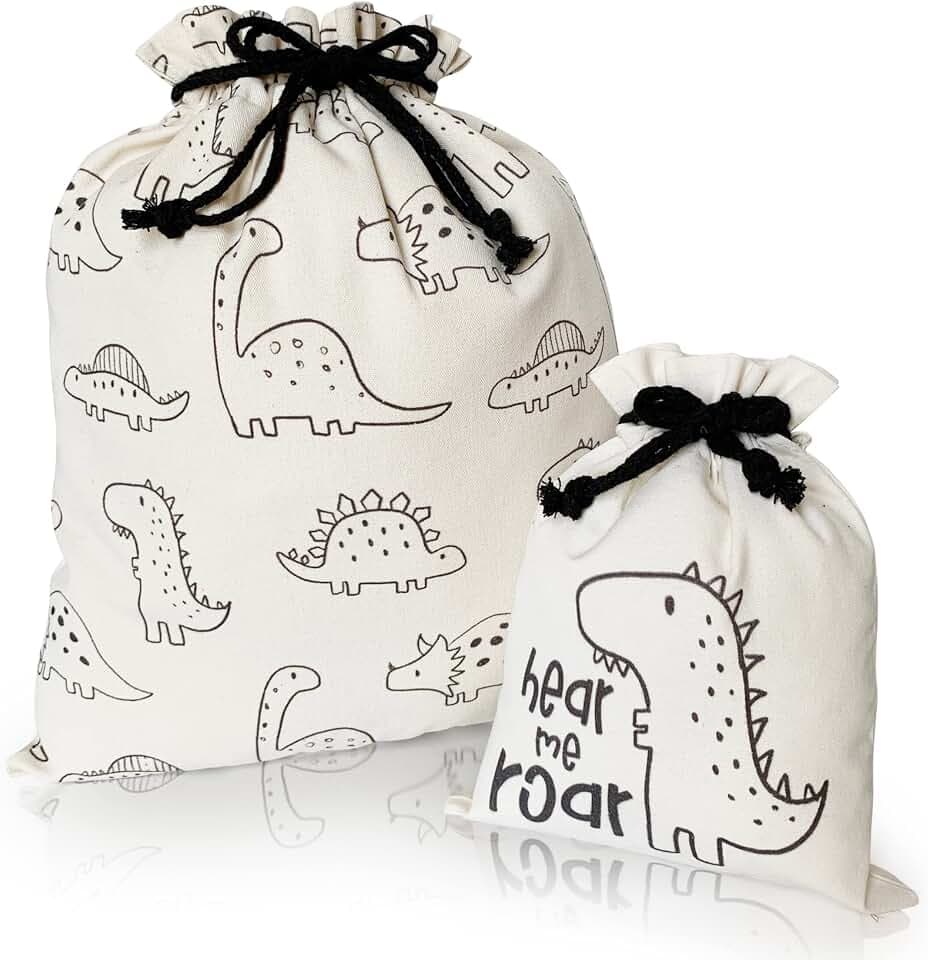 Gather & Knot Drawstring Gift Bags | Premium Canvas | 20" Large 12" Small | Reusable Fabric Wrap for Baby Shower or Boy Birthday | Dinosaur