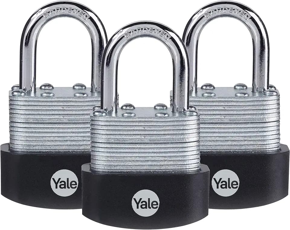 Yale 1-7/8" Wide Laminated Padlock with 1-1/8" Shackle and 3 Keyed Alike Keys for Outdoor Gate, Fence, Storage (3 Pack)