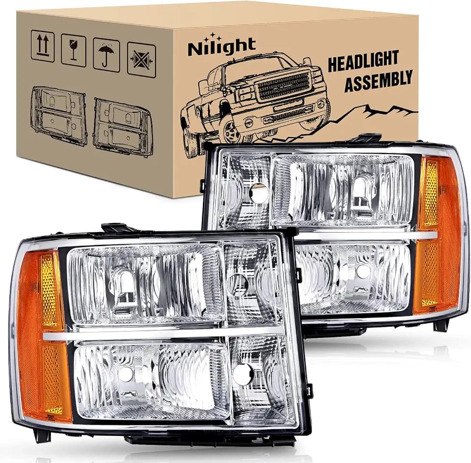 Nilight Headlight Assembly Compatible for 2007 2008-2013 GMC Sierra 1500 2008-2014 GMC Sierra 2500 HD 3500 HD Chrome Housing Amber Corner Clear Lens, Headlights Assembly Replacement